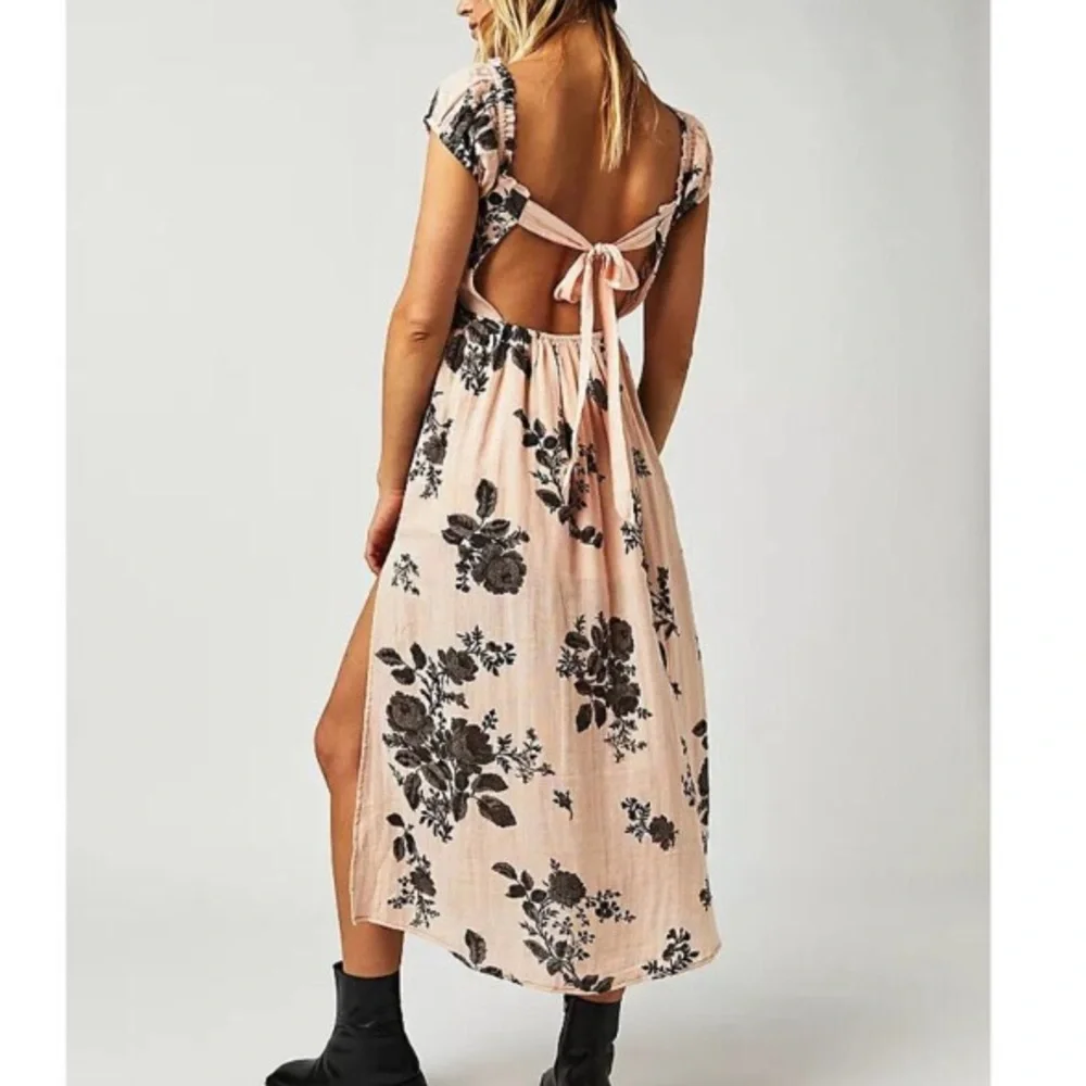 Free People Cotton Lined Gauzy forget me not Open Back Side Slit Midi EUC DRESS - Picture 2 of 8